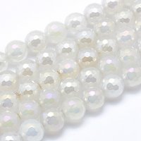 Electroplated Natural Agate Beads Strands, Round, Faceted, White, 8mm, Hole: 1mm, about 48-49pcs/strand, 15.1-15.5 inch(38.5-39.5cm)