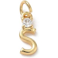 Brass Pave Clear Cubic Zirconia Charms, Letter Charms, with Jump Ring, Rack Plating, Long-Lasting Plated, Lead Free & Cadmium Free, Real 18K Gold Plated, Letter S, 12-12.5x3-10x2.3mm, Hole: 3.3mm