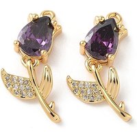Brass Micro Pave Cubic Zirconia Pendants, Flower Charm, Real 18K Gold Plated, Nickel Free, Purple, 23x9x5mm, Hole: 1.2mm