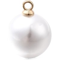 ABS Plastic Pearl Pendants, Round, with Golden Alloy Loop, White, 15x12mm, Hole: 1.6mm