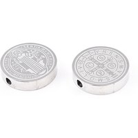 Perlas de acero inoxidable 304 resistentes al deslustre, ronda plana con la medalla de san benedicto, color acero inoxidable, 14.5x3mm, agujero: 2 mm