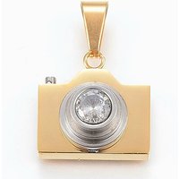 304 Stainless Steel Cubic Zirconia Pendants, Camera, Golden, 19.5x19.5x10mm, Hole: 5x10mm