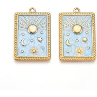 304 Stainless Steel Pendants, with Enamel, Rectangle with Moon & Star & Sun Charms, Ion Plating(IP), Real 18K Gold Plated, Light Sky Blue, 28x18x2mm, Hole: 1.6mm