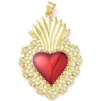Pendentifs avec zircon cubiques à micro-pavés en laiton, sacre Coeur, avec l'émail, crémaillère plaquage, sans plomb et sans cadmium, Plaqué longue durée, véritable 18k plaqué or, 42.5x29x3mm, Trou: 3.5x5mm
