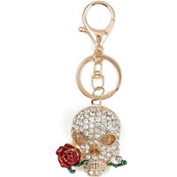 Skull with Rose Alloy Rhinestone Pendant Decoration Keychains, with Lobster Clasp Charms and Chian Rings, for Keychain, Purse, Backpack Ornament, Light Gold, 115mm