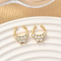 Brass Pave Clear Cubic Zirconia Circular/Horseshoe Barbell Nose Rings, Fake Septum Nose Rings, Real 18K Gold Plated, Nickel Free, Butterfly, 13.5x11.5x3mm