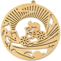 Anhänger aus Edelstahl 304, hohl, flach rund mit Mensch- und Fahrradanhänger, golden, 37x35x1.5 mm, Bohrung: 1.4 mm
