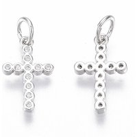 Brass Micro Pave Cubic Zirconia Tiny Cross Charms, with Jump Ring, Nickel Free, Clear, Real Platinum Plated, 14x8.5x1.5mm, Hole: 3mm