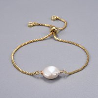 Brass Slider Bracelets, Bolo Bracelets, with Natural Baroque Pearl Keshi Pearl Beads, White, 9 inch(23cm), 1.3mm