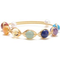 Mixed Stone & Natural Pearl Beads Wire Wrapped Cuff Bangle, 7 Chakra Open Torque Bangle for Women, Golden, Inner Diameter: 2 inch(5cm)
