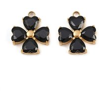 304 Stainless Steel Micro Pave Cubic Zirconia Pendants, Clover Charms, Real 18K Gold Plated, Ion Plating(IP), Black, 14x12x3.5mm, Hole: 1.6mm