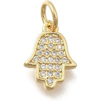Brass Micro Pave Cubic Zirconia Pendants, Hamsa Hand Charms, Cadmium Free & Lead Free, Rack Plating, Long-Lasting Plated, with Jump Ring, Real 18K Gold Plated, 12x8.5x2mm, Hole: 3.5mm