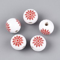 Christmas Spray Painted Schima Wood Beads, Round with Snowflake Pattern, Printed Beads, Red, 15.5-16x15mm, Hole: 4-5mm