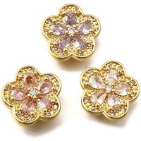 Brass Pave Cubic Zirconia Multi-strand Links, Flower, Real 18K Gold Plated, Mixed Color, 14x14x6.5mm, Hole: 1.8mm