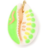 Printed Natural Cowrie Shell Pendants, Shell Shape Charms with Enamel and 304 Stainless Steel Jump Rings, Cadmium Free & Nickel Free & Lead Free, Golden, Lime, 23-28x16-20x12-14mm, Hole: 6mm