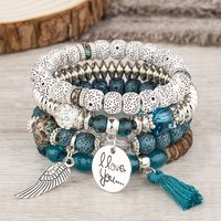 Stretch-Armband-Sets aus Holzperlen im Boho-Stil für Damen, mit Acryl- und Legierungsbesatz, blaugrün, keine Größe