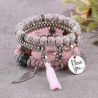 Stretch-Armband-Sets aus Holzperlen im Boho-Stil für Damen, mit Acryl- und Legierungsbesatz, Perle rosa, keine Größe