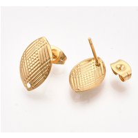 Ohrstecker-Beschläge aus Edelstahl 304, mit Ohrmuttern / Ohrhaken, Pferd Auge, reales Gold überzogen, 14.5x9 mm, Bohrung: 1 mm, Stift: 0.7 mm