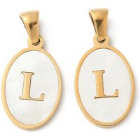 Natürliche Muschel oval mit Initialenanhängern, mit 304 Edelstahlfassungen, Ionenbeschichtung (ip), echtes 18k vergoldet, weiß, Buchstabe l, 21x13x2 mm, Bohrung: 3.5x5 mm