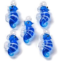 Colgantes artesanales de lampwork, encantos de caballitos de mar, azul dodger, 35-40x16-20x11-16mm, agujero: 2.5 mm