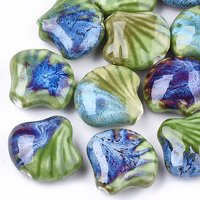 Abalorios de porcelana hechas a mano, fantasía antigua porcelana esmaltada, cáscara, verde, 28-29x32-33x12.5-14mm, agujero: 3-3.5 mm