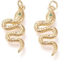 Brass Micro Pave Cubic Zirconia Pendants, with Jump Rings, Long-Lasting Plated, Snake, Clear & Green, Real 18K Gold Plated, 30.5x12.5x2.5mm, Jump Rings: 5x0.8mm, 3.4mm Inner Diameter