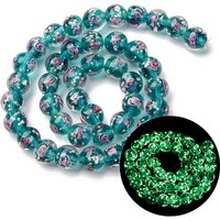 Luminous Handmade Glod Sand Lampwork Beads Strands, Round with Rose, Glow in the Dark, Turquoise, 9-11mm, Hole: 1.2-1.5mm, about 40-41pcs/strand, 14.80''-15.31''(37.6-38.9cm)