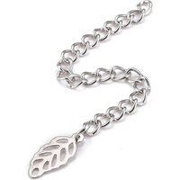 Tarnish Resistant 304 Stainless Steel Chain Extender, Curb Chain, with 202 Stainless Steel Charms, Hollow Leaf, Stainless Steel Color, 60-65mm, Link: 3.7x3x0.5mm; Leaf: 12.5x5.5x0.2mm