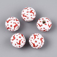 Christmas Spray Painted Schima Wood Beads, Round with Snowflake Pattern, Printed Beads, Crimson, 15.5-16x15mm, Hole: 4-5mm