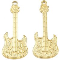 304 Stainless Steel Pendants, Guitar, Ion Plating(IP), Manual Polishing, Real 18K Gold Plated, 44x18.5x2mm, Hole: 2.8mm