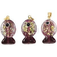 Handmade Dichroic Foil Lampwork Pendants, with Brass Findings, Fish Charm, Purple, 22.5-23.5x12.5-13x8.5-9.5mm, Hole: 4.5x4mm