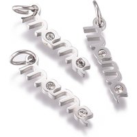 316 Surgical Stainless Steel Pendants, with Micro Pave Cubic Zirconia and Jump Ring, Long-Lasting Plated, Word Mama, for Mother's Day, Clear, Real Platinum Plated, 17x4.5x1.5mm, Hole: 3.5mm