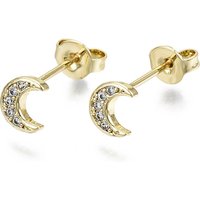 Brass Micro Pave Clear Cubic Zirconia Stud Earrings, with Ear Nuts, Nickel Free, Moon, Real 16K Gold Plated, 6x5.5mm, Pin: 0.7mm