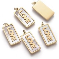 Natural Shell Pendants, with Golden Plated 316 Surgical Stainless Steel Findings and Jump Rings, Rectangle with Word Love, Seashell Color, 16.5x8x2mm, Jump Ring: 4x0.6mm, Inner Diameter: 2.8mm