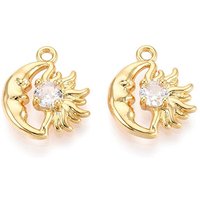 Brass Micro Pave Cubic Zirconia Charms, Moon & Sun, Long-Lasting Plated, Nickel Free, Real 18K Gold Plated, Clear, 14.5x13x4mm, Hole: 1.4mm