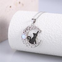 Black Cat Moonstone Brass Necklace Black Cat on the Moon Pendant Necklaces, with Brass Chain, Cute Lucky Cat Necklace Jewelry Gifts for Women Cat Lovers, Platinum, 15.75 inch(40cm)