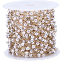 ABS Plastic Pearl Round Beaded Chains, with Golden 316 Stainless Steel Cable Chains, Soldered, with Spool, Creamy White, 3x2.5mm, about 16.40 Feet(5m)/Roll
