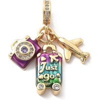 Dijes colgantes europeos de circonita cúbica transparente con revestimiento de latón, Colgantes con agujeros grandes en forma de cámara, avión y equipaje esmaltados en color morado, sin plomo y cadmio, Plateado de larga duración, real 18k...