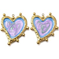 304 Stainless Steel Enamel Pendants, Heart, Ion Plating(IP), Real 18K Gold Plated, Lilac, 42x35.5x2.5mm, Hole: 1.8mm