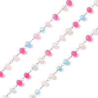 Catenine vetro fatti a mano, sfaccettato, senza saldatura, con catene in acciaio inox 304, oro, tondo, rosa intenso, 3x2.5mm