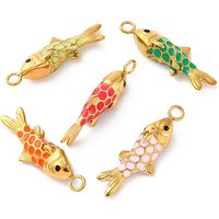 304 Stainless Steel Enamel Pendants, Ion Plating(IP), Real 14K Gold Plated, Fish Chatm, Mixed Color, 28x6.5x9mm, Hole: 2.5mm
