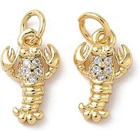 Brass Micro Pave Cubic Zirconia Charms, Real 18K Gold Plated, with Jump Ring, Shrimp, 14x8.5x3mm, Hole: 3.3mm