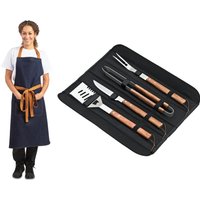 Deglon Sabatier Prep Like A Pro 4-Piece BBQ Utensil Set With Whites Denim-Blue Apron