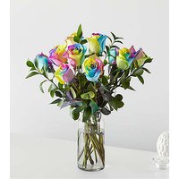 Rainbow Rose Bouquet - 12 Roses With Vase - FedEx