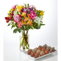 Smiles and Sunshine Bouquet and Berry Bundle - Standard Bouquet with Berries and Glass Vase - FedEx