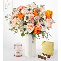 Touch of Honey Anemone Bouquet with Fluted Vase - Deluxe with White Fluted Vase Candle, Chocolates and Necklace - FedEx