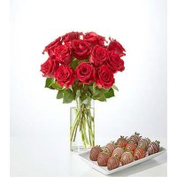 Red Rose Bouquet and Berry Bundle - 12 Roses with Berries and Glass Vase - FedEx