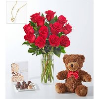 Red Roses Gift Sets - 12 Roses with Vase Chocolate, Bear and Necklace - FedEx