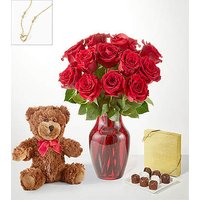 Red Roses Gift Sets - 12 Roses with Red Vase Chocolate, Bear and Necklace - FedEx