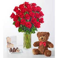 Red Roses Gift Sets - 24 Roses with Vase Chocolate, and Bear - FedEx